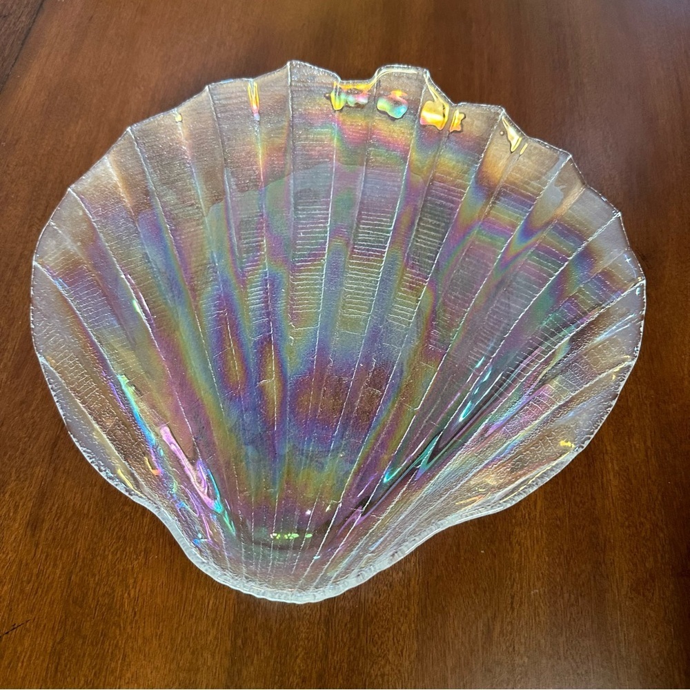 Vintage Kamei Glass Japan Iridescent Shell Shaped Carnival Glass Dish Tray